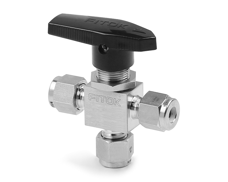 Ball Valve, Body: 316SS, MWP: 2,500psig, Seat: PTFE, Conn.: 3Ports x 1/8in. Tube OD, 2-Ferrule, Orifice:2.4mm, Cv:0.15, Black Nylon Handle, 3-way