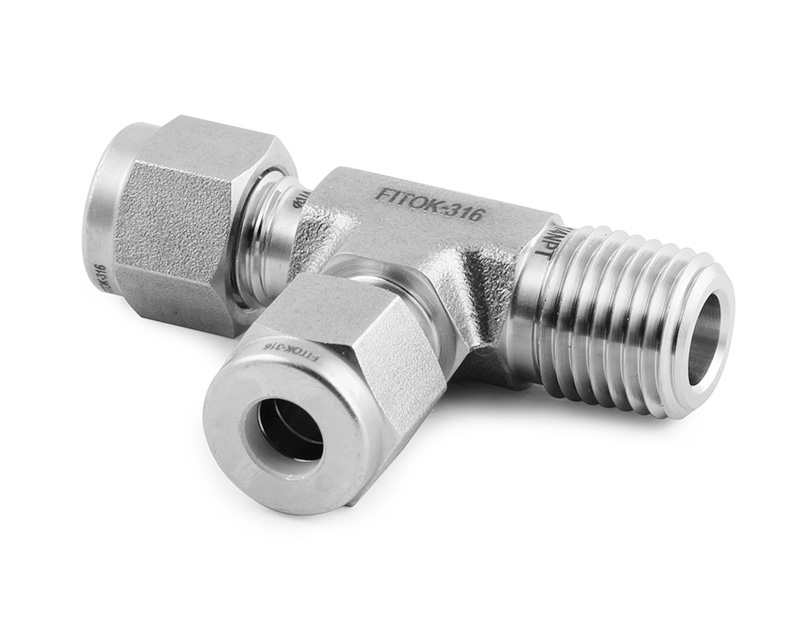 Male Run Tee, 316SS, 1/4in. x 1/4in. Tube OD, 2-Ferrule x Run 1/4in. (M)NPT