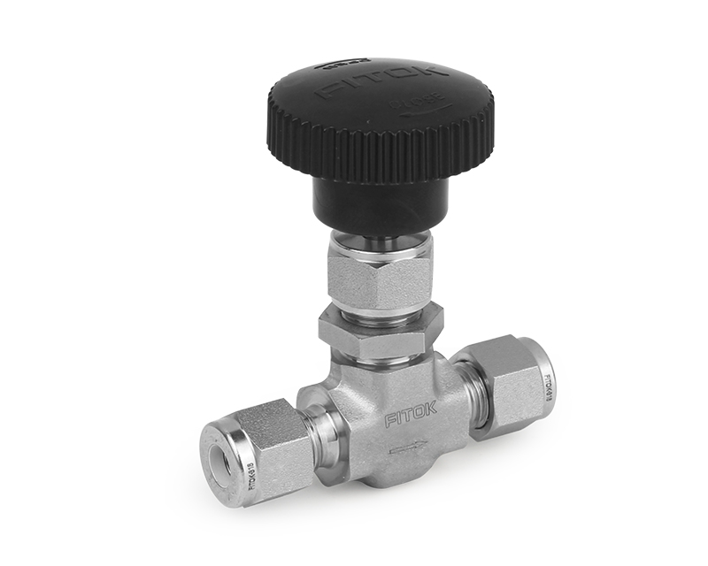 Needle Valve, Body: 316SS, MWP: 3,000psig, Packing: PTFE, Conn.: 6mm x 6mm Tube OD, 2-Ferrule, Orifice:4mm, Cv:0.35, Black Knob Handle