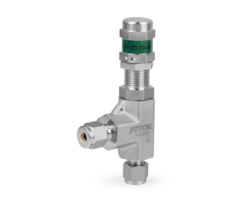 316 SS, RV Series Relief Valve, High Pressure, 1/4" Tube Fitting, Fluorocarbon FKM O-ring, 6000psig(414bar), -25°F to 250°F(-4°C to 121°C), 0.14" Orifice, Green Spring, Set Pressure 50 to 300psig(3.45 to 20.7bar)