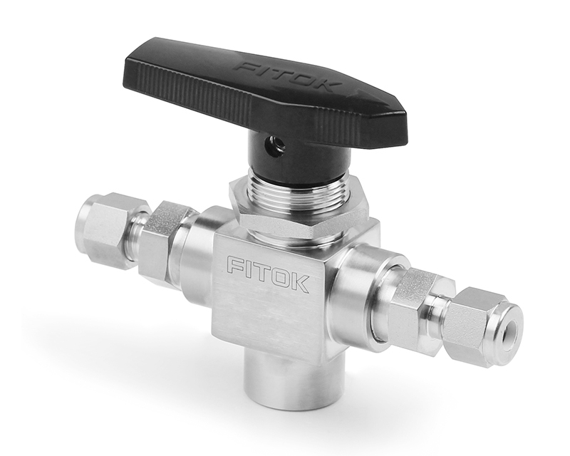 Ball Valve, Body: 316SS, MWP: 1,500psig, Seat: PTFE,  Conn.: 1/4in. x 1/4in. Tube OD, 2-Ferrule x Bottom: 1/4in. (F)NPT  Orifice:4.8mm, Cv:0.75, Black Nylon Handle, 3-Way