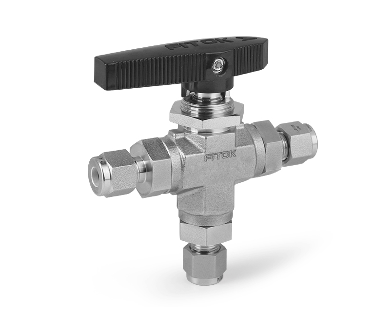 Ball Valve, Body: 316SS, MWP: 1,500psig (Bottom Inlet), Seat: PTFE, Conn.: 3Ports x 1/2in. Tube OD, 2-Ferrule, Orifice:9.5mm, Cv:3.48, Black Nylon Handle, 3-Way