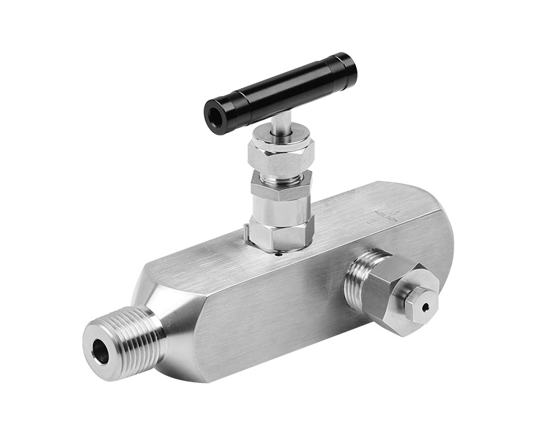 Gauge Valve, Body: 316SS, MWP: 6,000psig, Packing Material: PTFE, Inlet: 1/2in. (M)NPT, Outlets: 3Ports x 1/2in. Femal NPT with Plug & Bleed Valve on Side Ports,  Anodized Aluminum T-bar Handle