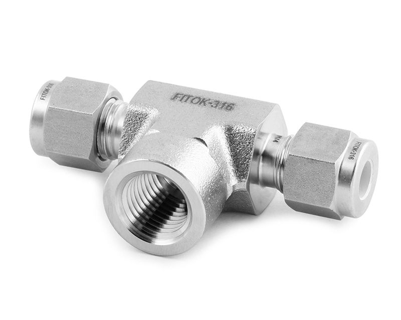 Female Branch Tee, 316SS, 1/2in. x 1/2in. Tube OD, 2-Ferrule x Branch 1/4in. (F)NPT