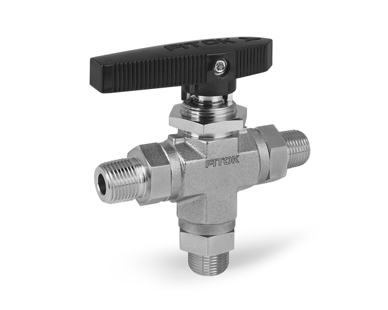 Ball Valve, Body: 316SS, MWP: 1,500psig (Bottom Inlet), Seat: PTFE, Conn.: 3Ports x 1/4in. (M)NPT, Orifice:3.0mm, Cv:0.28, Black Nylon Handle, 3-Way