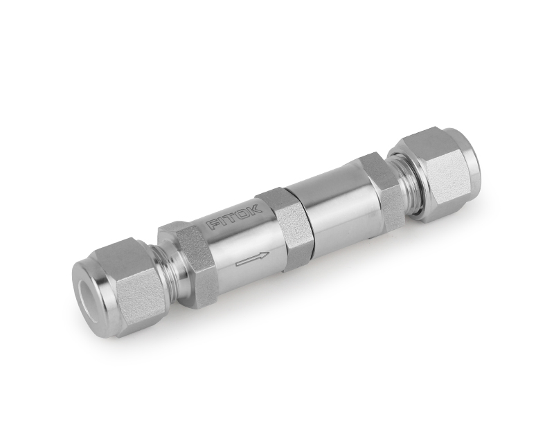 Check Valve, Body: 316SS, MWP: 3,000psig, Sealing: FKM, Conn.: 1/4in. (M)NPT x 1/4in. Tube OD, 2-Ferrule, Adjustable Cracking Pressure: 3-50psig, Cv:0.37