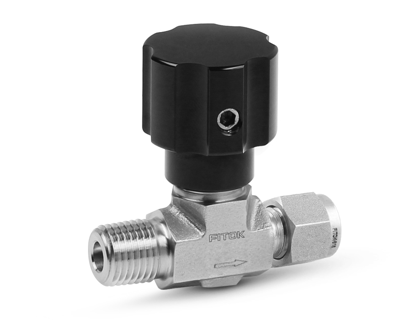 316 SS, ND Series Needle Valve, Nonrotating-stem, 1/4 Male NPT × 1/4" Tube Fitting, PCTFE Stem Tip, Fluorocarbon FKM O-ring, 3000psig(207bar), -20°F to 200°F(-28°C to 93°C), 0.16" Orifice