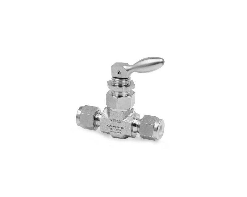 Needle Valve, Body: 316SS, MWP: 200psig, O-ring: FKM, Stem Tip: PTFE, Conn.: 12mm x 12mm Tube OD, 2-Ferrule, Orifice:6.4mm, Cv:0.7, Toggle Type