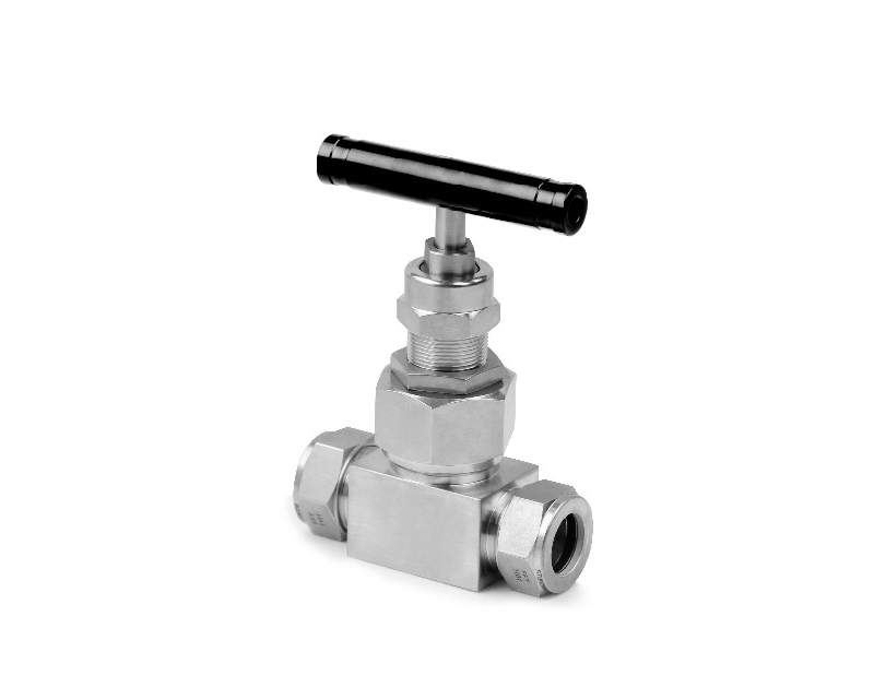 Needle Valve, Body: 316SS, MWP: 6,000psig, Packing: PTFE, Conn.: 1/4in. x 1/4in. Tube OD, 2-Ferrule,Orifice:4mm, Cv:0.35, Black Al T-bar Handle, Union Bonnet