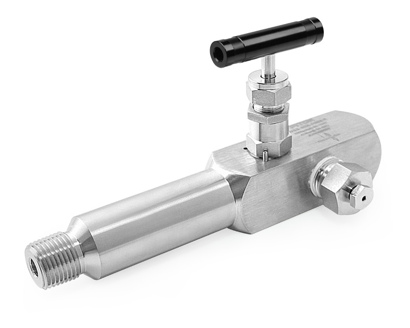 Gauge Valve, Body: 316SS, MWP: 6,000psig, Packing Material: PTFE, Inlet: 1/2in. (M)NPT, Outlets: 3Ports x 1/2in. Femal NPT with Plug & Bleed Valve on Side Ports, Anodized Aluminum T-bar Handle, Body Style: Extended Type