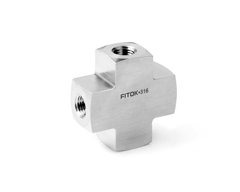 316 Stainless Steel, FITOK PMH Series Medium and High Pressure Pipe Fitting, Female Cross, 1/4 Female NPT, Working Pressure 15000 psig (1034 bar)