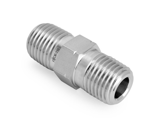 [SS-PHN-NS4-RT4] 316 SS, FITOK 6 Series Pipe Fitting, Hex Nipple, 1/4 Male NPT × 1/4 Male ISO Tapered Thread(RT)