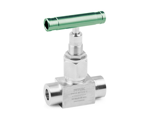 [SWSS-ML12-5] Bellows-sealed Valve, Body: 316SS, MWP: 1,000psig, Bellows: 316L, Stem Tip: Stellited Spherical, Conn.: 12mm x 12mm Tube OD, 2-Ferrule, Orifice:7.6mm, Cv:1.2, Green Al T-bar Handle