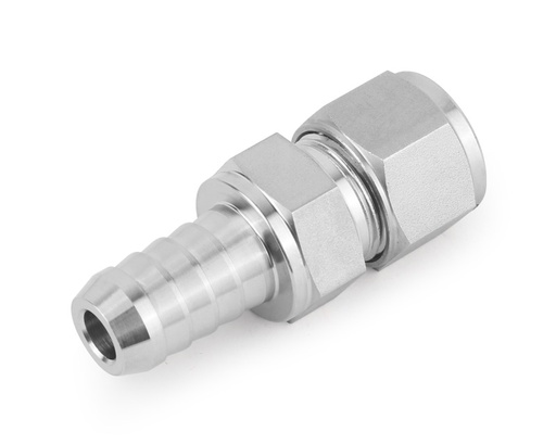 [SS-HC-F4-FL4] 316 SS, HC Series Hose Connector, 1/4" Barbed end × 1/4" Tube Fitting