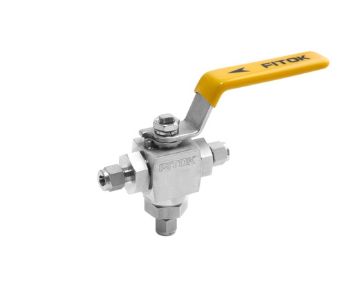 [BPSS-ML10-10-3] Ball Valve, Body: 316SS, MWP: 4,000psig (Bottom Inlet), Seat: PVDF, Conn.: 3Ports x 10mm Tube OD, 2-Ferrule, Orifice:10mm, Cv:3.7, SS Lever Handle, 3-Way Vertical