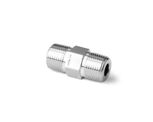 [SS-HPN-NS6-TM9] 316 SS, FITOK PMH Series High Pressure Pipe Fitting, Hex Nipple, 3/8 Male NPT Thread × 9/16-18 Male Type M